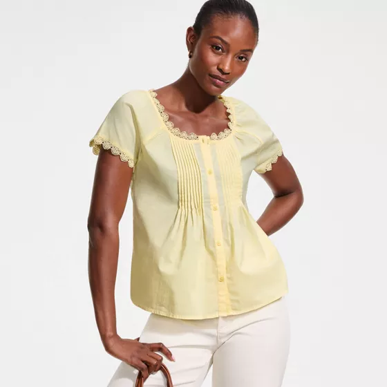 Women's Poplin Short Sleeve Pintuck Blouse - primary