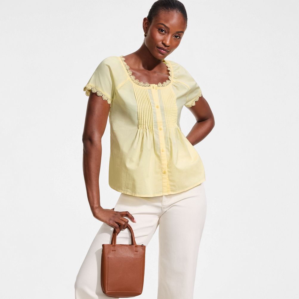 Women's Poplin Short Sleeve Pintuck Blouse | Lands' End