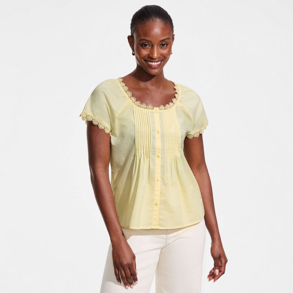 Women's Poplin Short Sleeve Pintuck Blouse | Lands' End