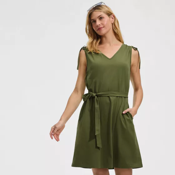 Women's Cotton Jersey Shoulder Tie Belted Mini Dress - primary