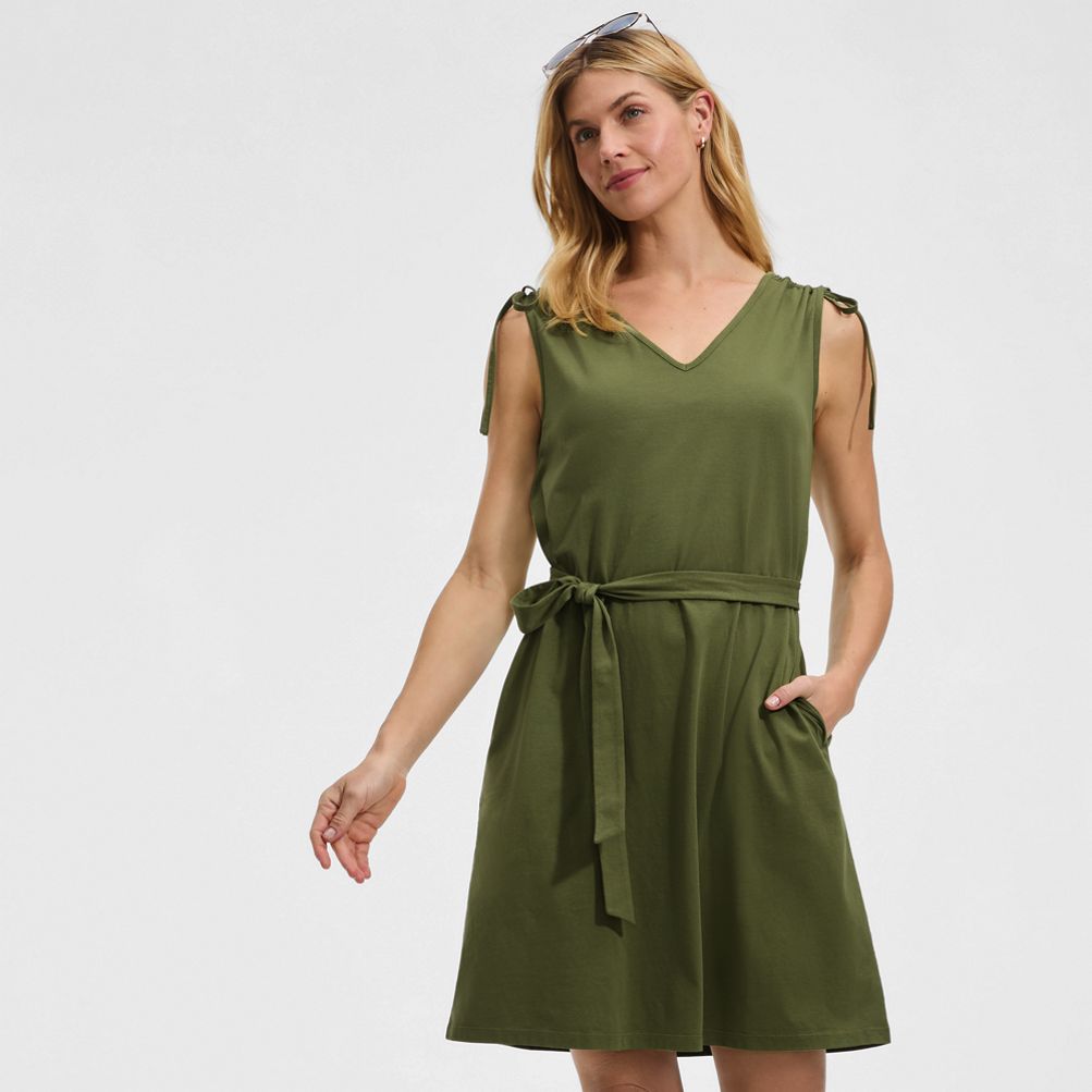 Lands' End Women's Cotton Jersey Shoulder Tie Belted Mini Dress - Artichoke