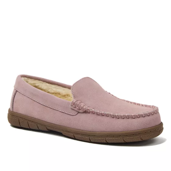 Women's Wide Width Fuzzy Lined Suede Moccasin Slippers - primary