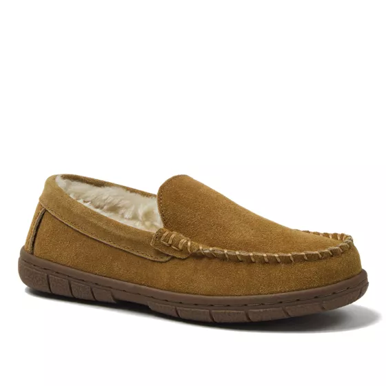 Kids Fuzzy Lined Suede Moccasin Slippers - primary
