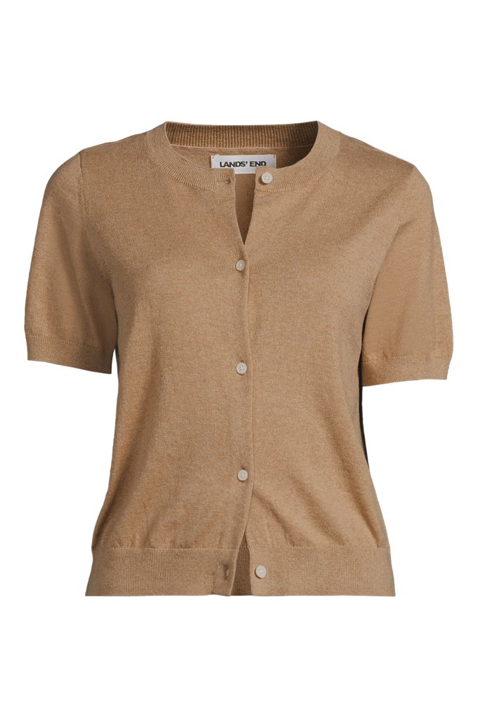 Women's Plus Size Cotton Short Sleeve Crew Neck Cardigan Sweater - Lands' End - Brown - 2X