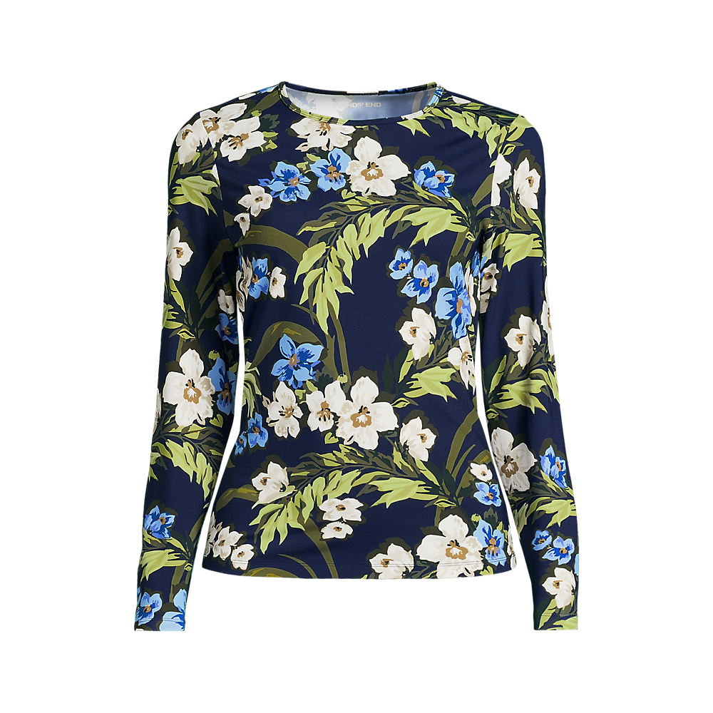 Long Sleeve Crew Neck SunShade UPF50 Quick Dry Swim Tee, Women, size: M, regular, Blue, Nylon-blend, by Lands' End