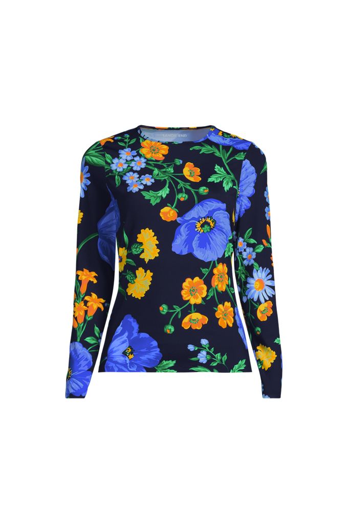 Lands' End Women's Plus Size Sunshade Upf 50 Long Sleeve Rash Guard Swim Tee In Blue