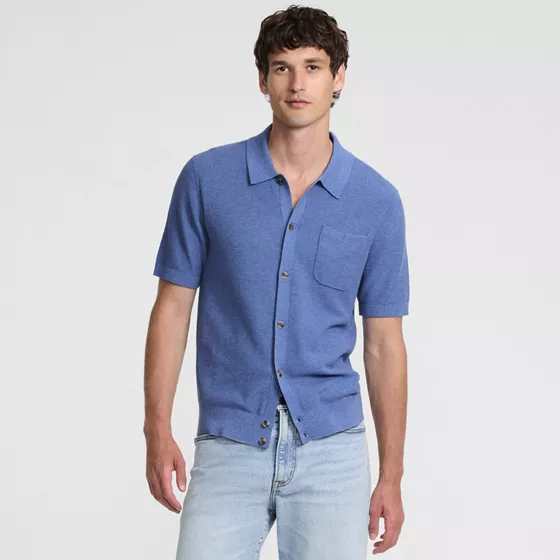 Men's Short Sleeve Texture Stitch Button Through Summer Weight Sweater Polo - primary