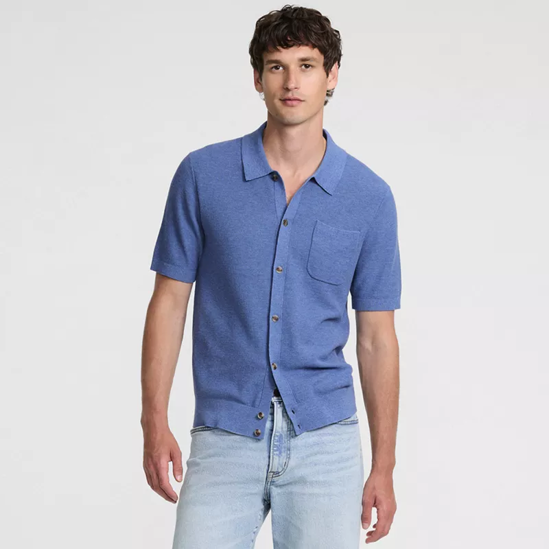 Men's Short Sleeve Texture Stitch Button Through Summer Weight Sweater Polo, alternative image