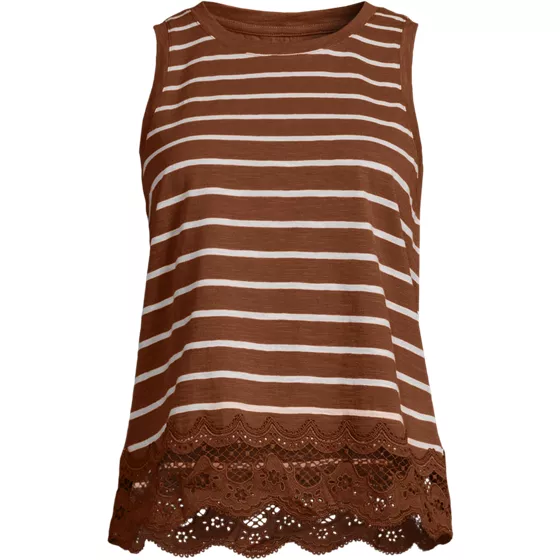 Women's Sleeveless Slub Crew Neck Lace Trim Tank Top - primary