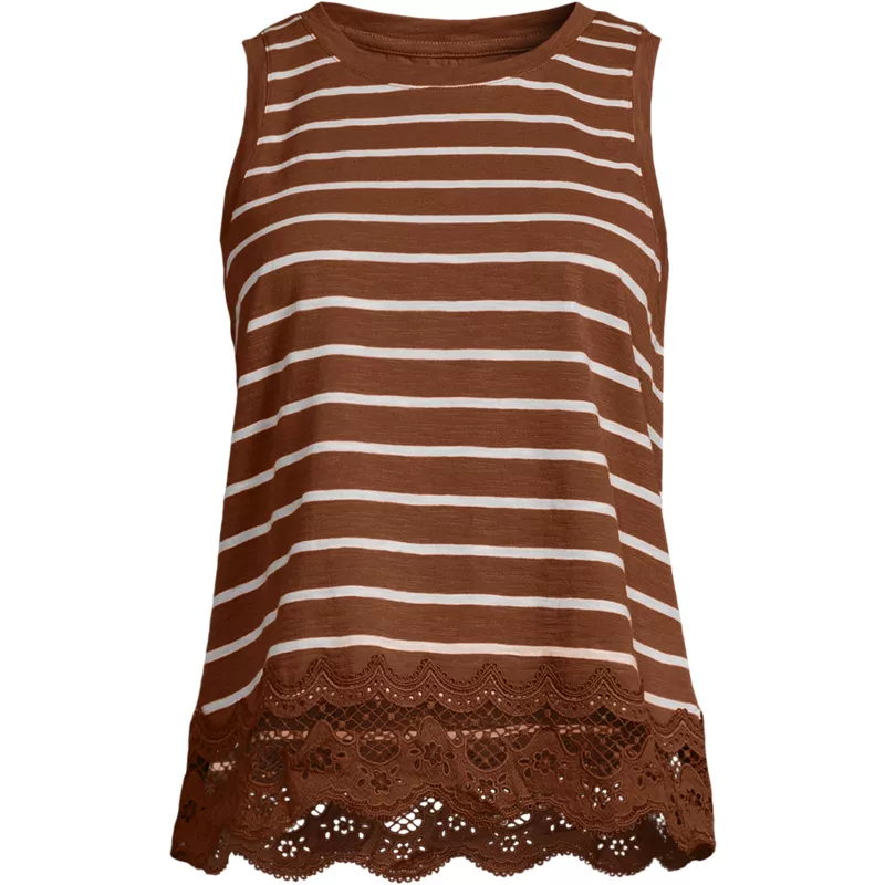 Women's Sleeveless Slub Crew Neck Lace Trim Tank Top, Front