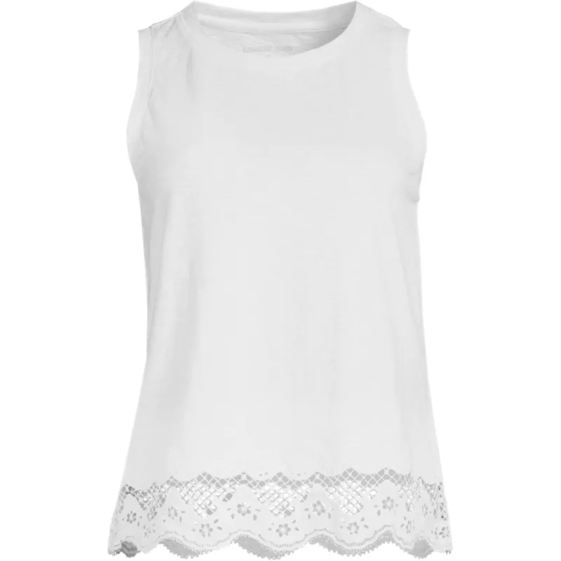 Women's Plus Size Sleeveless Slub Crew Neck Lace Trim Tank Top, Front