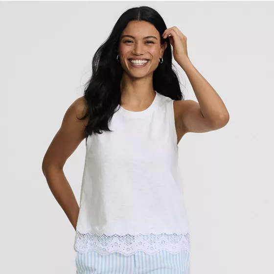 Women's Sleeveless Slub Crew Neck Lace Trim Tank Top - primary