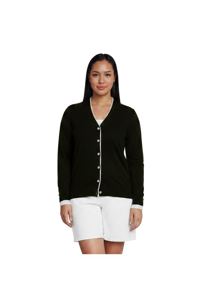 Lands' End Women's Plus Size Double Trim Cotton V Neck Cardigan Sweater In Black