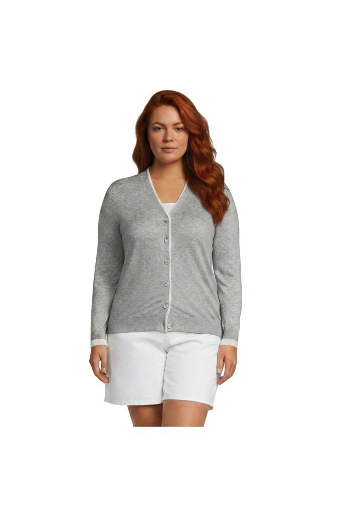 Lands' End Women's Plus Size Double Trim Cotton V Neck Cardigan Sweater In Gray