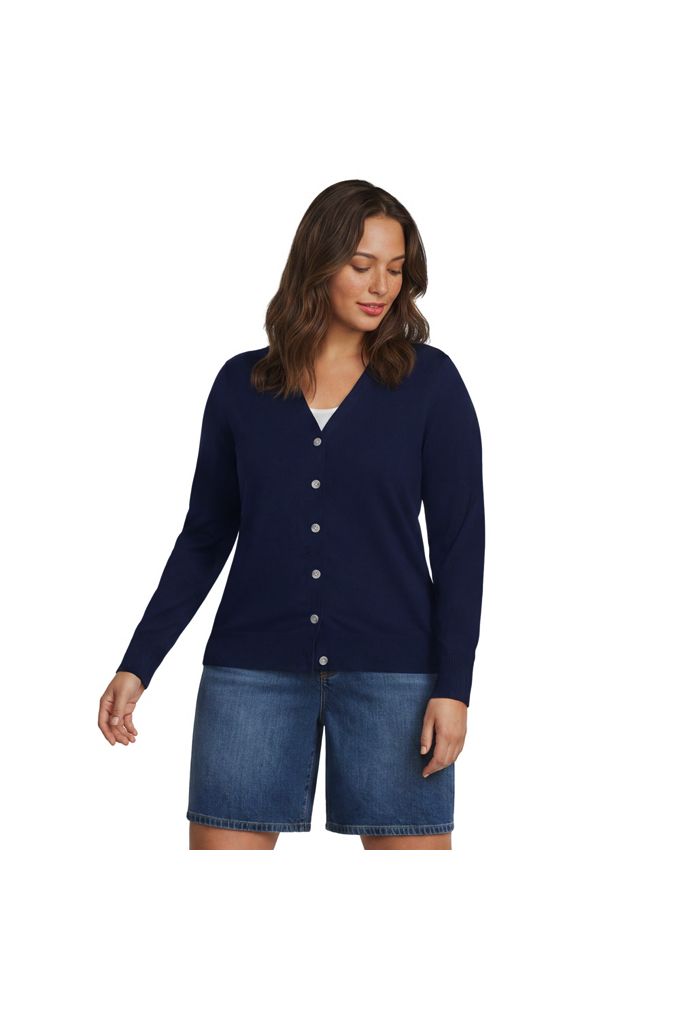 Lands' End Women's Plus Size Double Trim Cotton V Neck Cardigan Sweater In Blue