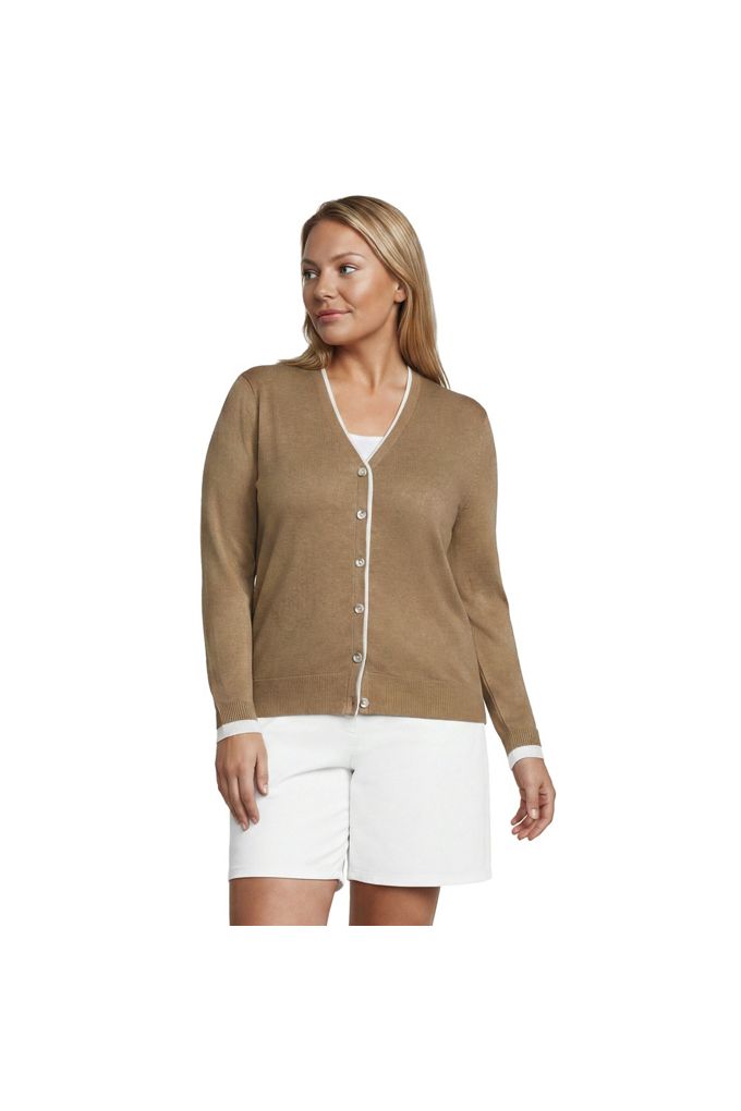 Lands' End Women's Plus Size Double Trim Cotton V Neck Cardigan Sweater In Brown