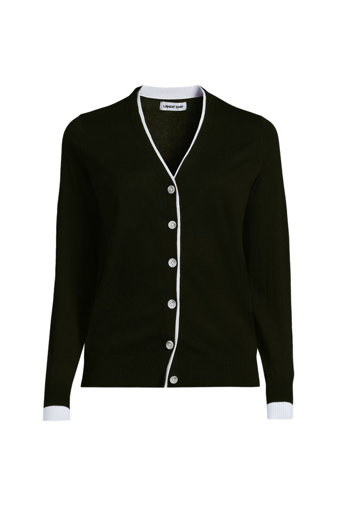 Lands' End Women's Double Trim Cotton V Neck Cardigan Sweater In Black