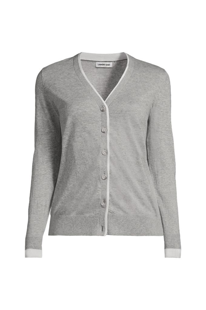 Lands' End Women's Double Trim Cotton V Neck Cardigan Sweater In Gray