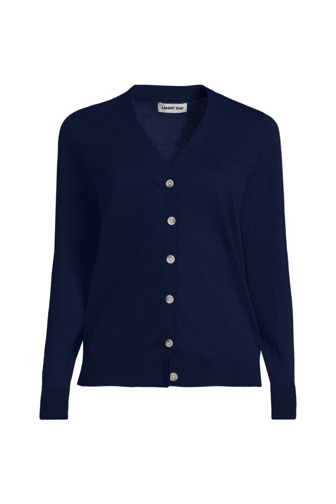 Lands' End Women's Double Trim Cotton V Neck Cardigan Sweater In Blue