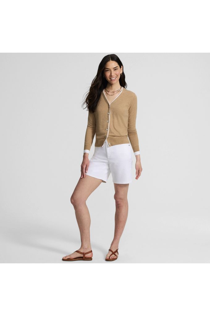 Lands' End Women's Double Trim Cotton V Neck Cardigan Sweater In Brown