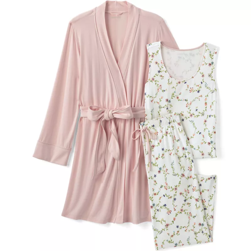 Women's Petite Cooling 3 Piece Pajama Set - Tank Crop and Robe, Front