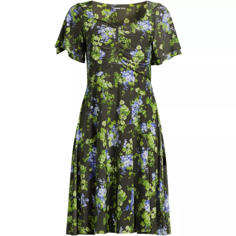 Women's Plus Size Silky Knit V-neck Flutter Sleeve Knee Length Dress, Front