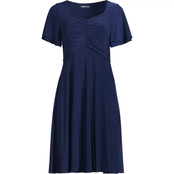 Women's Silky Knit V-neck Flutter Sleeve Knee Length Dress - primary