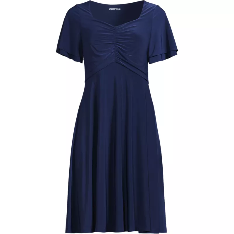Women's Silky Knit V-neck Flutter Sleeve Knee Length Dress, Front