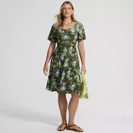Women's Silky Knit V-neck Flutter Sleeve Knee Length Dress - primary