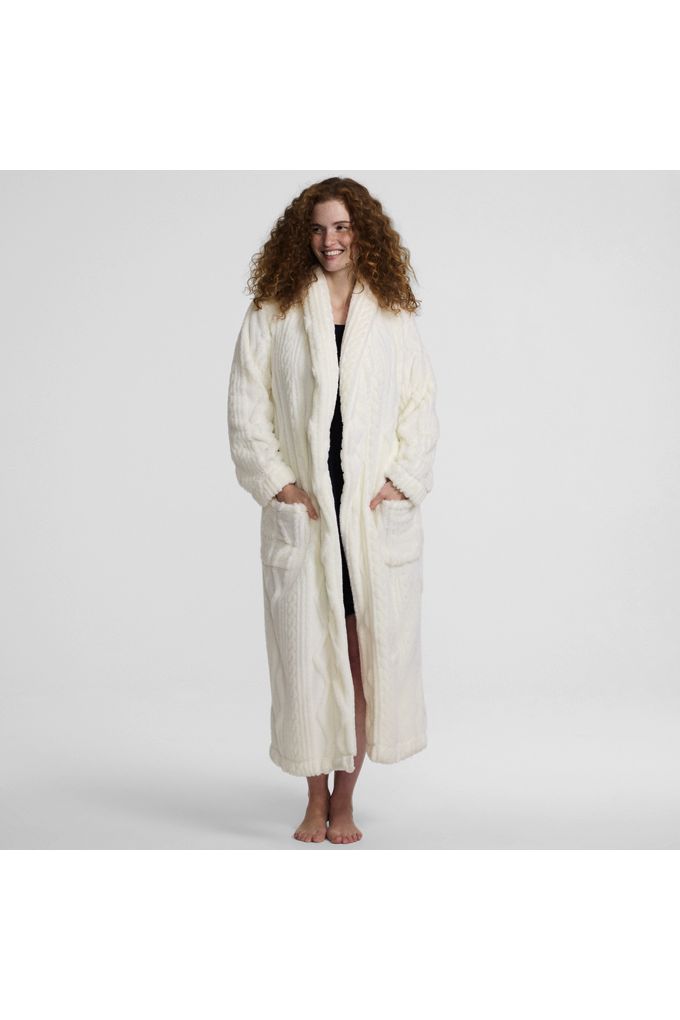 Lands' End Women's Petite Cozy Cable Robe In Ivory