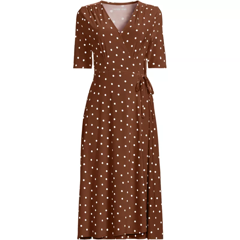 Women's Silky Knit Elbow Sleeve Wrap Midi Dress, Front