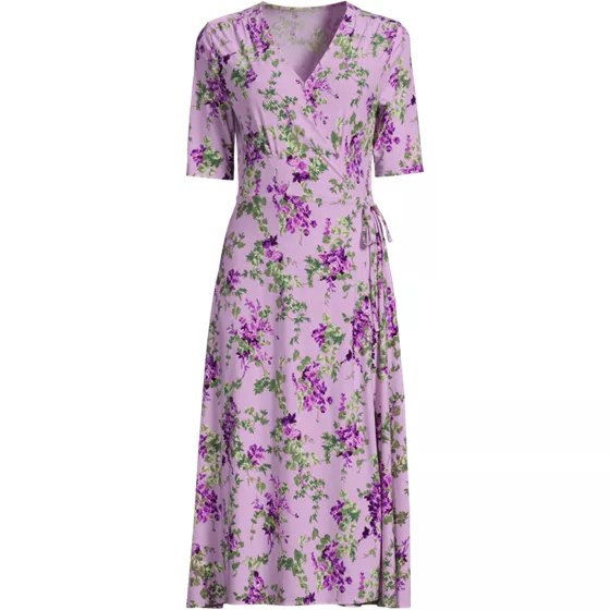 Women's Silky Knit Elbow Sleeve Wrap Midi Dress - primary