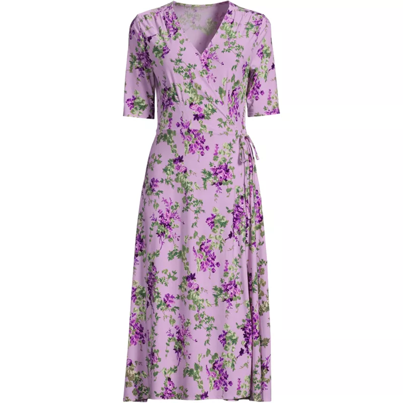 Women's Silky Knit Elbow Sleeve Wrap Midi Dress, Front