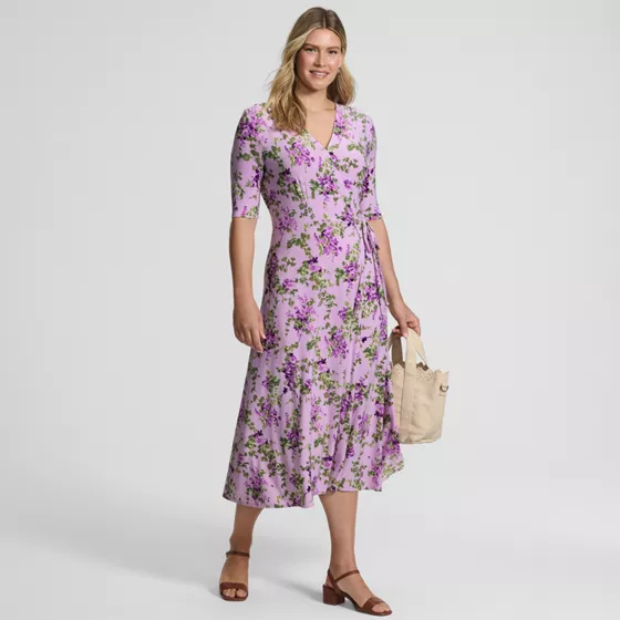 Women's Silky Knit Elbow Sleeve Wrap Midi Dress - primary