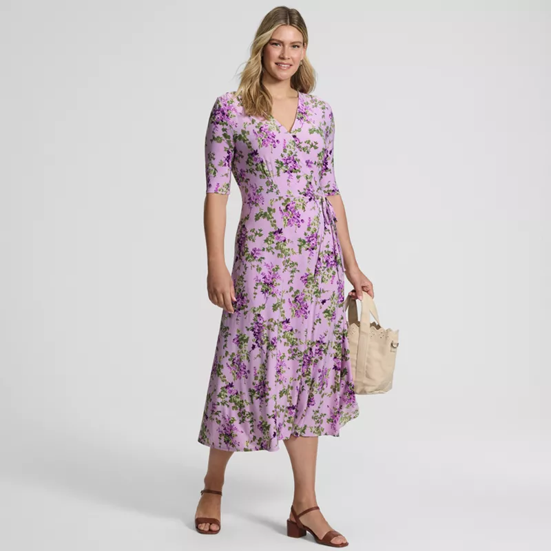 Women's Silky Knit Elbow Sleeve Wrap Midi Dress, alternative image