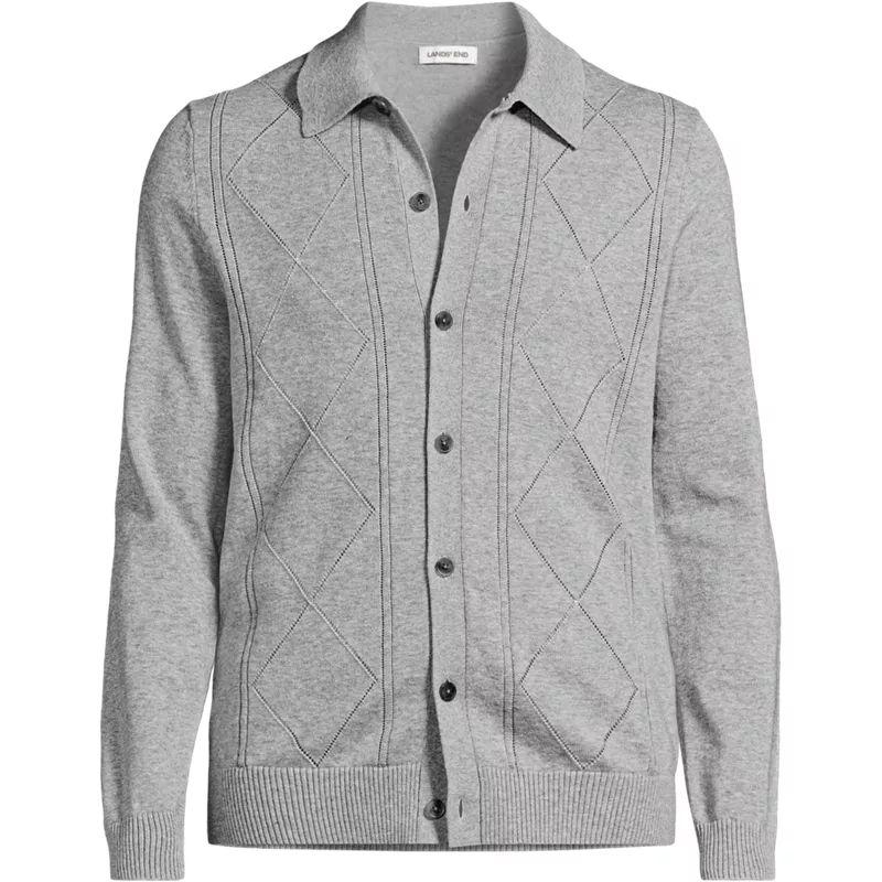 Men's Long Sleeve Fine Gauge Cotton Pointelle Argyle Cardigan, Front