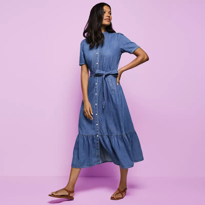 Women's Light Weight Denim Tiered Midi Dress, alternative image