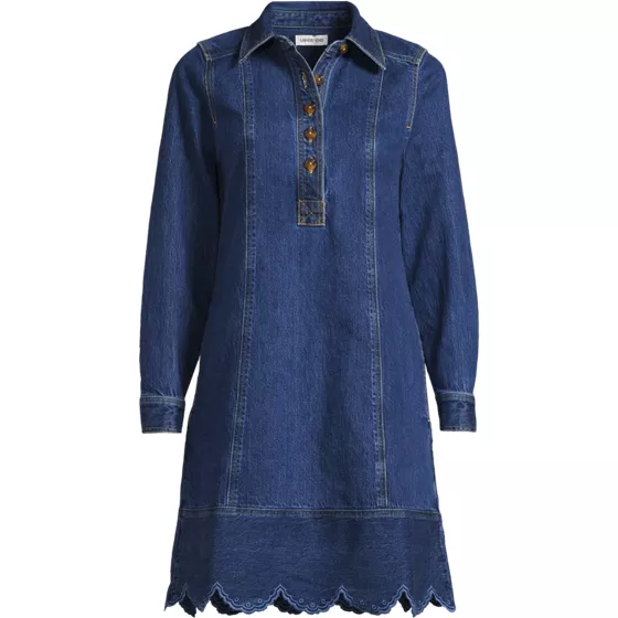 Women's Plus Size Soft Denim Eyelet Popover At The Knee Dress - primary