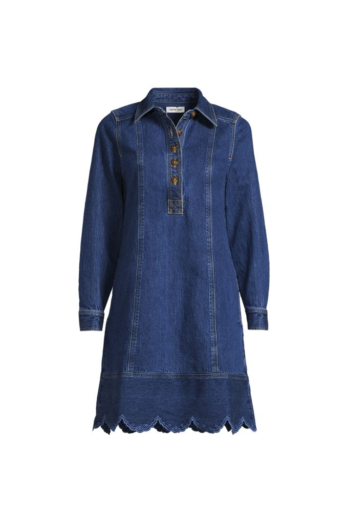 Lands' End Women's Plus Size Soft Denim Eyelet Popover At The Knee Dress In Blue