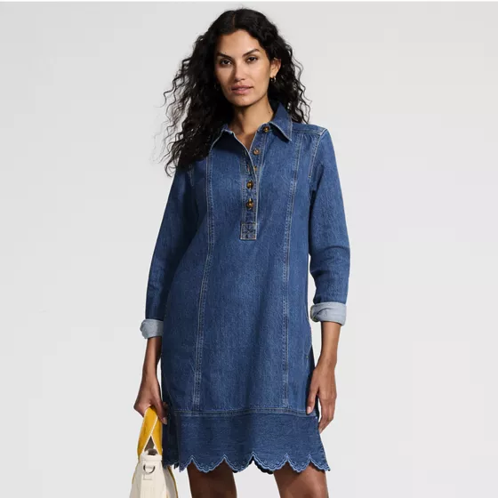 Women's Soft Denim Eyelet Popover At The Knee Dress - primary