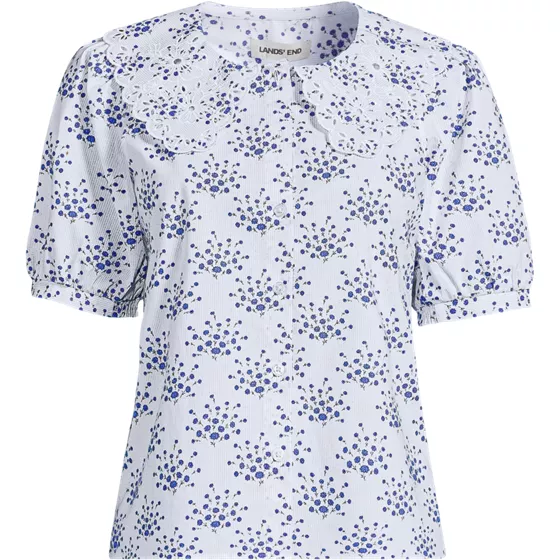 Women's Plus Size Poplin Puff Sleeve Ruffle Collar Shirt - primary