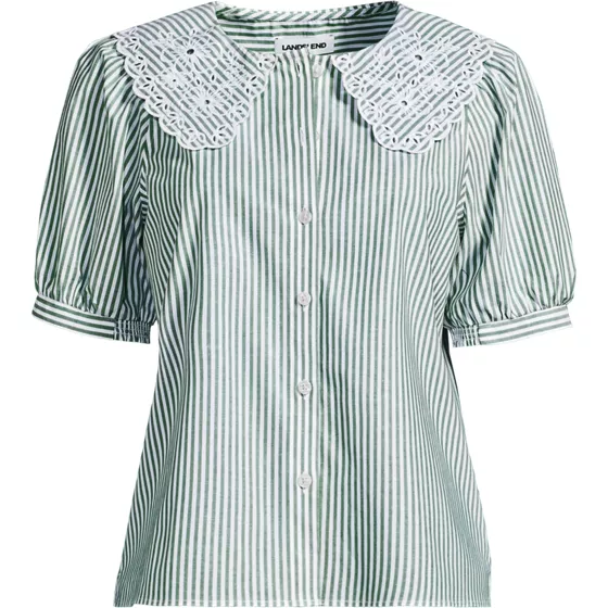 Women's Plus Size Poplin Puff Sleeve Ruffle Collar Shirt - primary