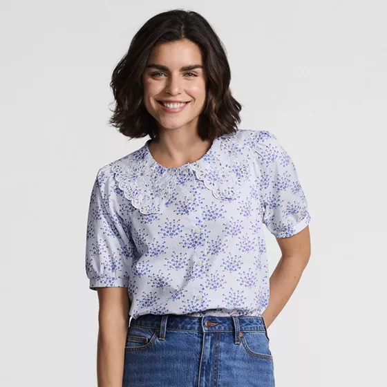 Women's Poplin Puff Sleeve Ruffle Collar Shirt - primary