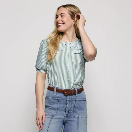 Women's Poplin Puff Sleeve Ruffle Collar Shirt - primary