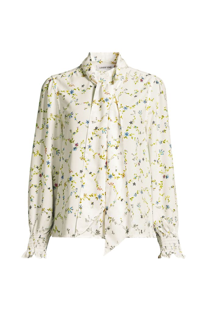 Women's Plus Size Creaseless Button Front Blouse with Tie - Lands' End - Ivory - 3X