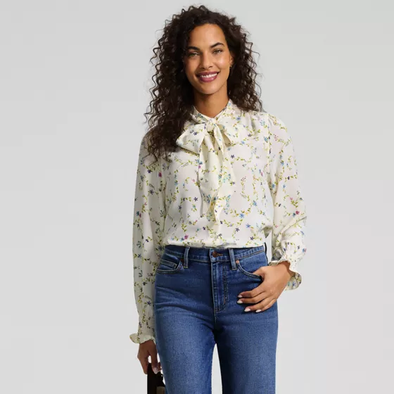 Women's Creaseless Button Front Blouse with Tie - primary