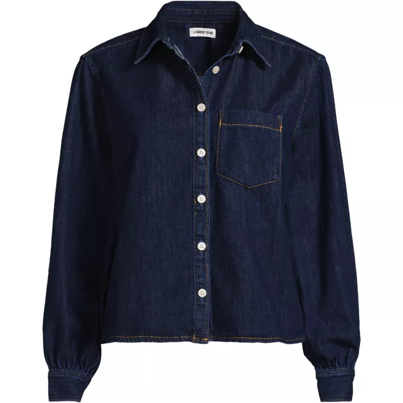 Women's Plus Size Denim Cropped Button Front Shirt, Front