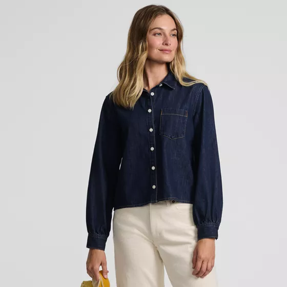 Women's Denim Cropped Button Front Shirt - primary