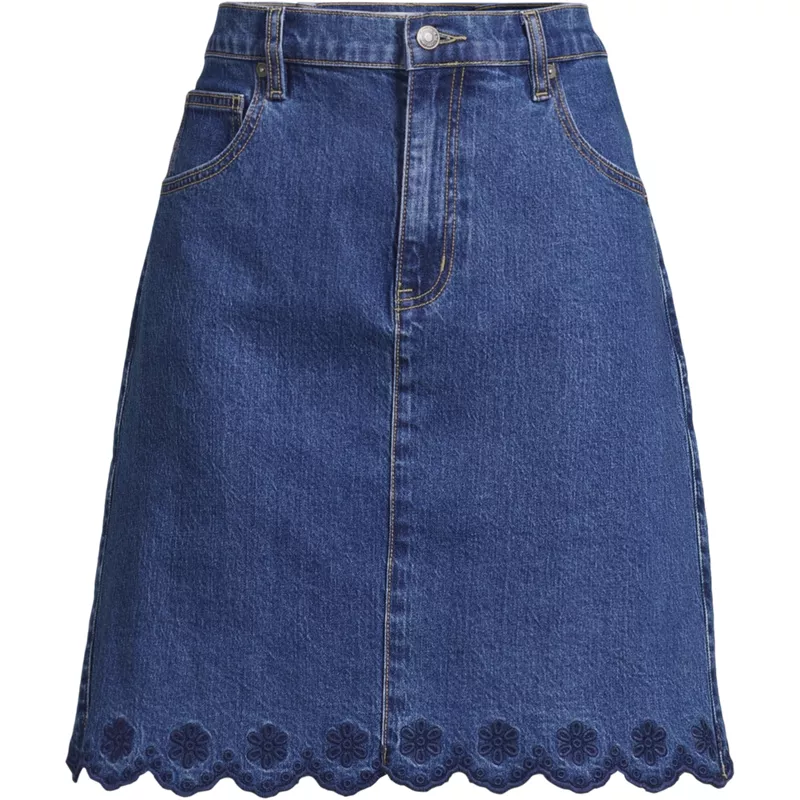 Women's Plus Size Soft Denim 5 Pocket Above the Knee Skirt with Embroidered Hem, Front