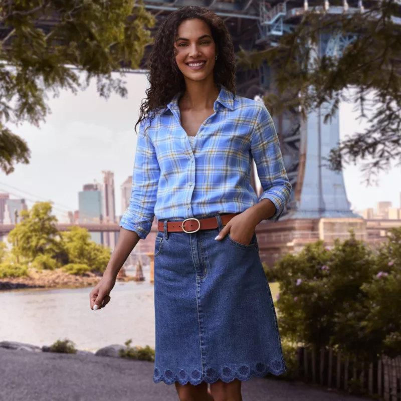 Women's Soft Denim 5 Pocket Above the Knee Skirt with Embroidered Hem, alternative image